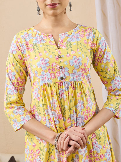 Janasya Women's Yellow Pure Cotton Floral Printed A-line Kurta