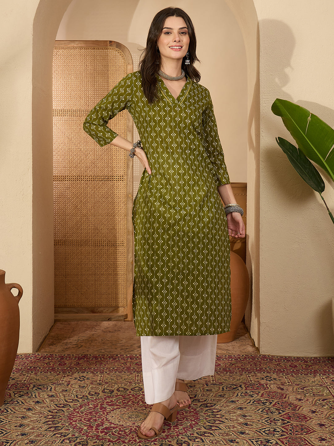 Janasya Women's Olive Pure Cotton Ethnic Motifs Printed Straight Kurta