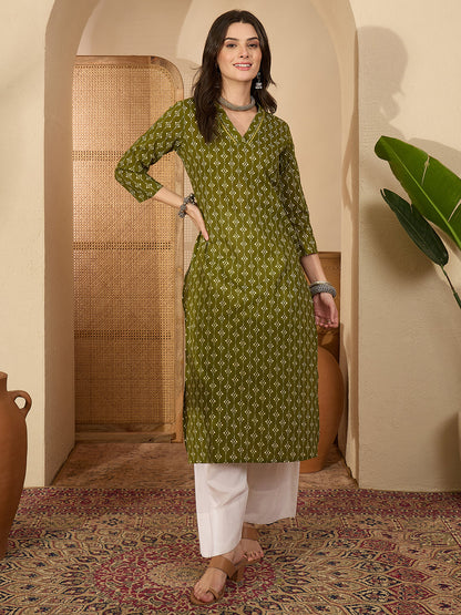 Janasya Women's Olive Pure Cotton Ethnic Motifs Printed Straight Kurta