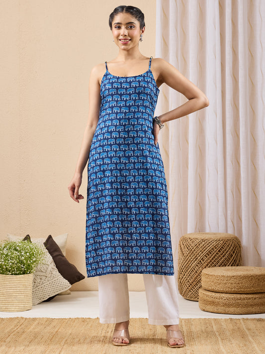 Janasya Women's Indigo Pure Cotton Animal Printed Straight Kurta