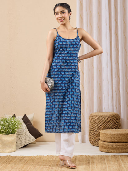 Janasya Women's Indigo Pure Cotton Animal Printed Straight Kurta