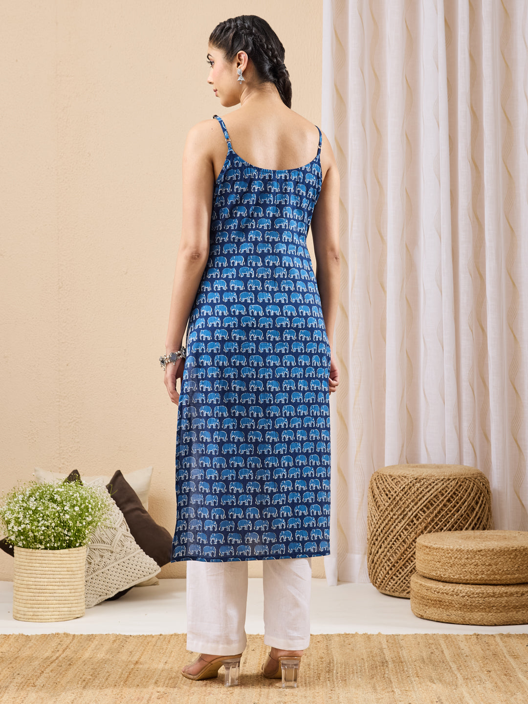 Janasya Women's Indigo Pure Cotton Animal Printed Straight Kurta