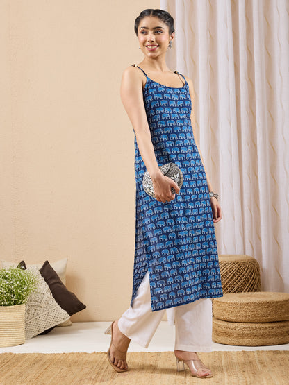 Janasya Women's Indigo Pure Cotton Animal Printed Straight Kurta
