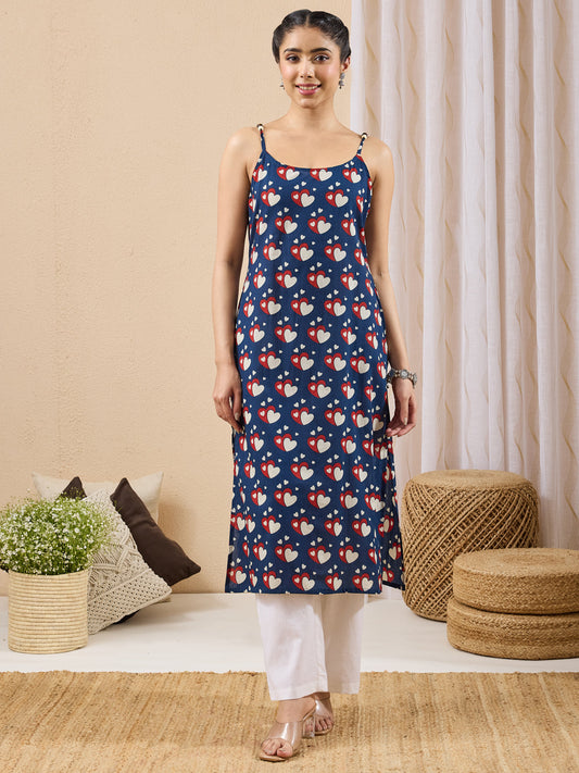 Janasya Women's Dark Blue Pure Cotton Printed Straight Kurta