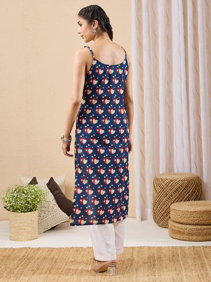 Janasya Women's Dark Blue Pure Cotton Printed Straight Kurta