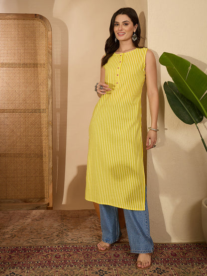 Janasya Women's Yellow Pure Cotton Striped Printed Straight Kurta
