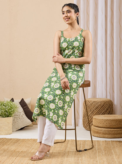 Janasya Women's Green Pure Cotton Floral Printed Straight Kurta