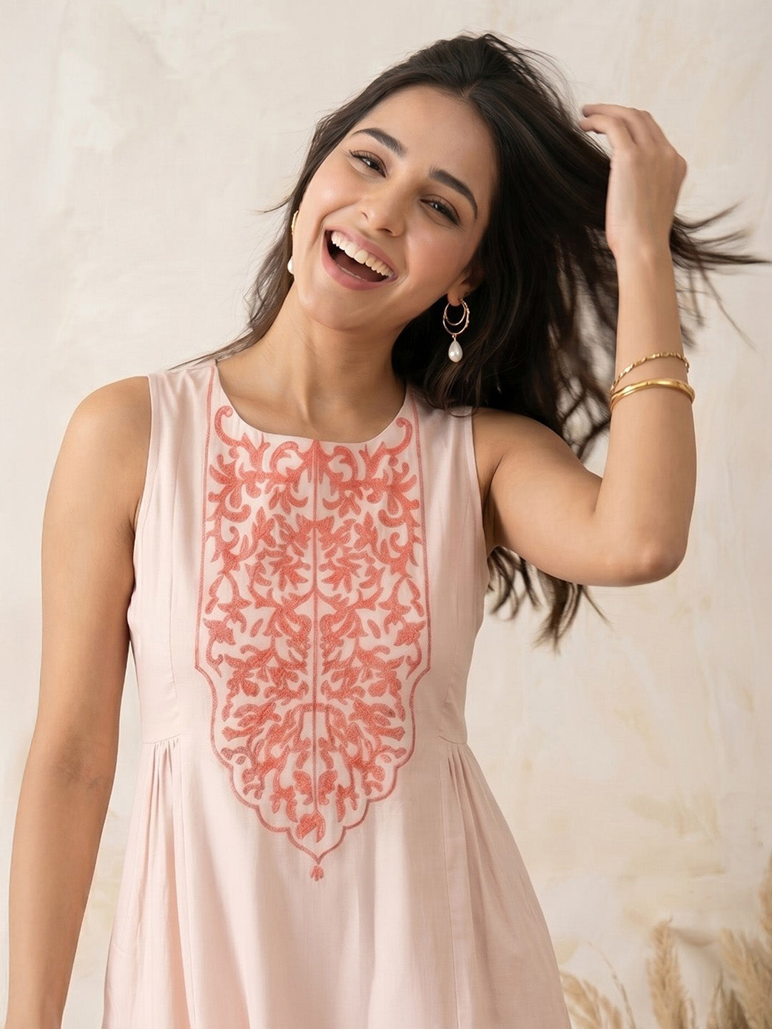 Janasya Women's Beige Rayon Yoke Design A-Line Kurta