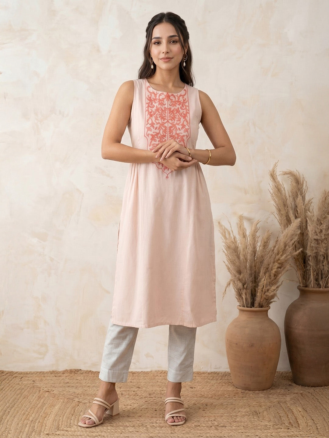 Janasya Women's Beige Rayon Yoke Design A-Line Kurta