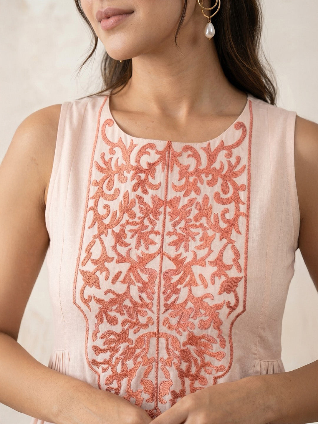 Janasya Women's Beige Rayon Yoke Design A-Line Kurta