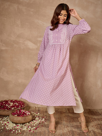 Janasya Women's Lavender Pure Cotton Floral Printed A-Line Kurta
