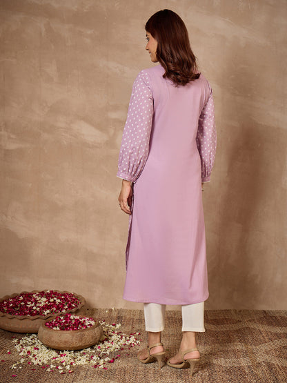 Janasya Women's Lavender Pure Cotton Floral Printed A-Line Kurta