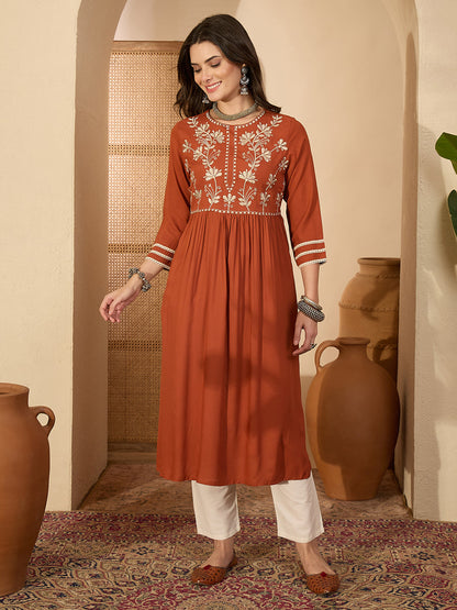 Janasya Women's Rust Rayon Embroidered Straight Kurta