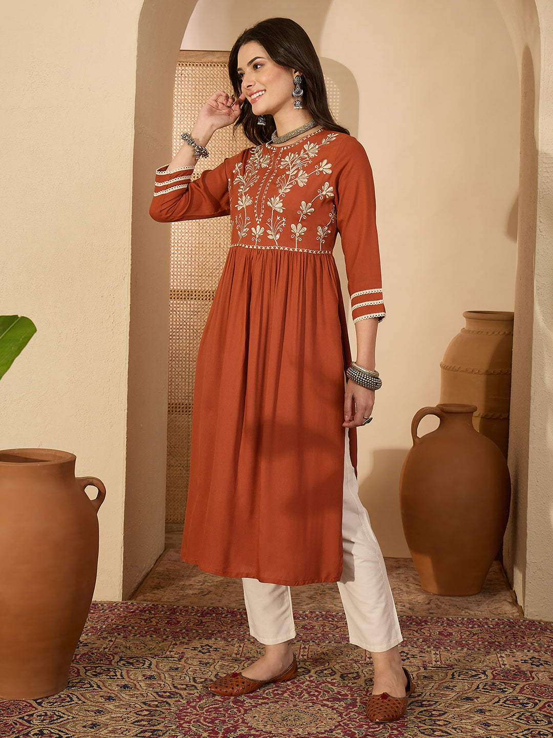 Janasya Women's Rust Rayon Embroidered Straight Kurta