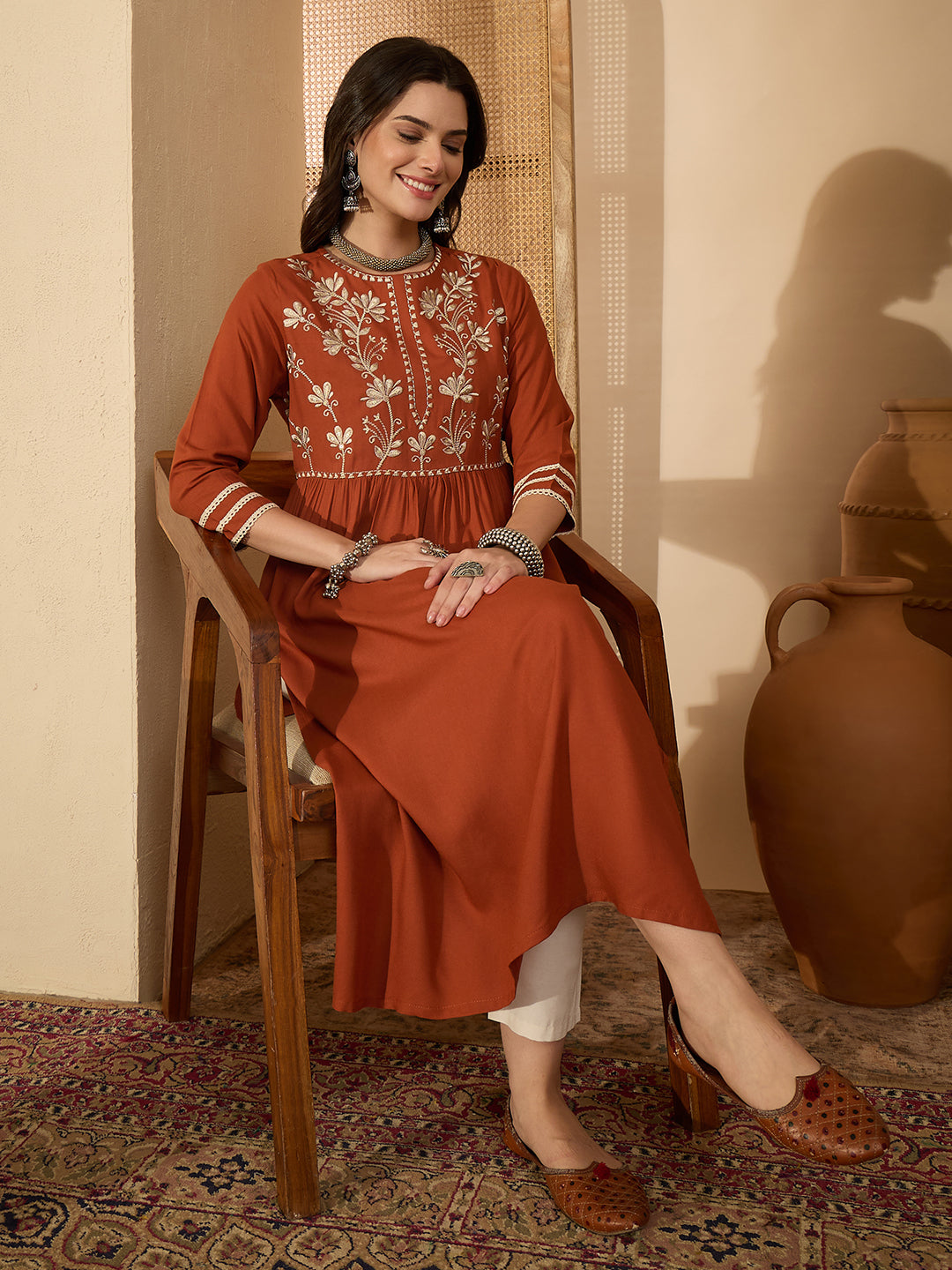 Janasya Women's Rust Rayon Embroidered Straight Kurta