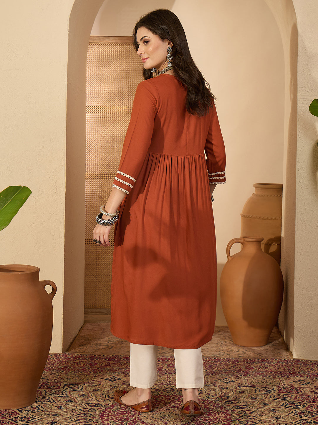 Janasya Women's Rust Rayon Embroidered Straight Kurta