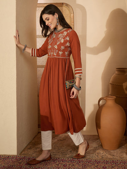 Janasya Women's Rust Rayon Embroidered Straight Kurta
