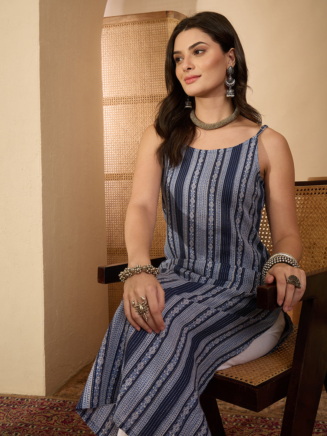 Janasya Women's Blue Pure Cotton Floral Vertical Stripes Printed Straight Kurta