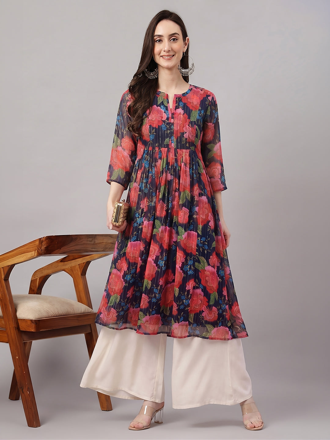 Janasya Women's Multicolor Lurex Chiffon Floral Printed Gathered Kurta