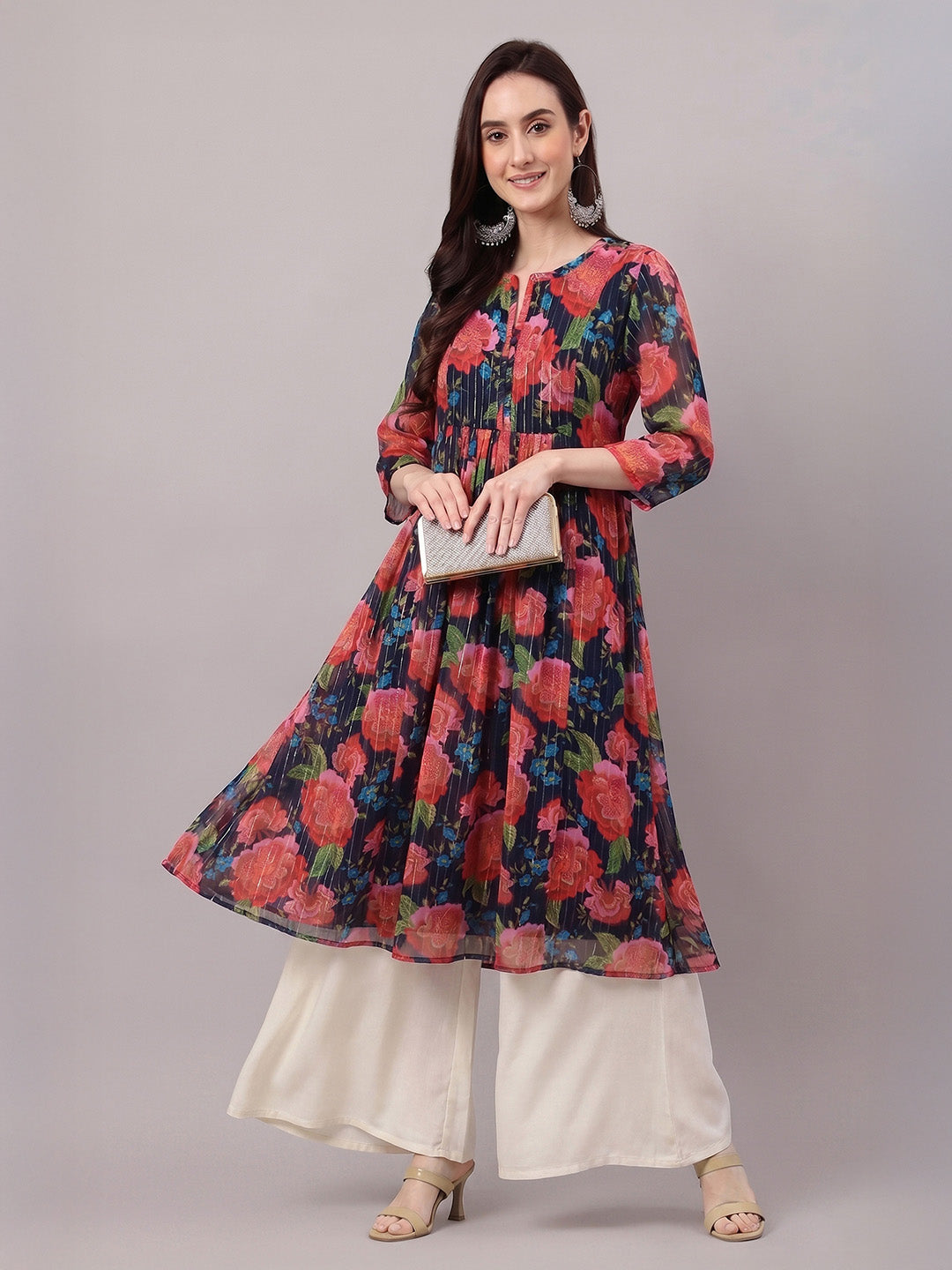 Janasya Women's Multicolor Lurex Chiffon Floral Printed Gathered Kurta