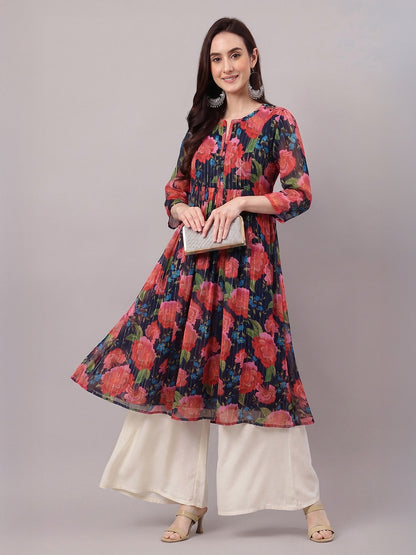 Janasya Women's Multicolor Lurex Chiffon Floral Printed Gathered Kurta