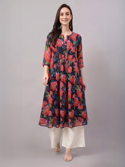 Janasya Women's Multicolor Lurex Chiffon Floral Printed Gathered Kurta