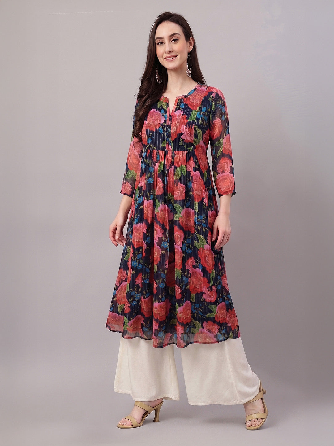 Janasya Women's Multicolor Lurex Chiffon Floral Printed Gathered Kurta