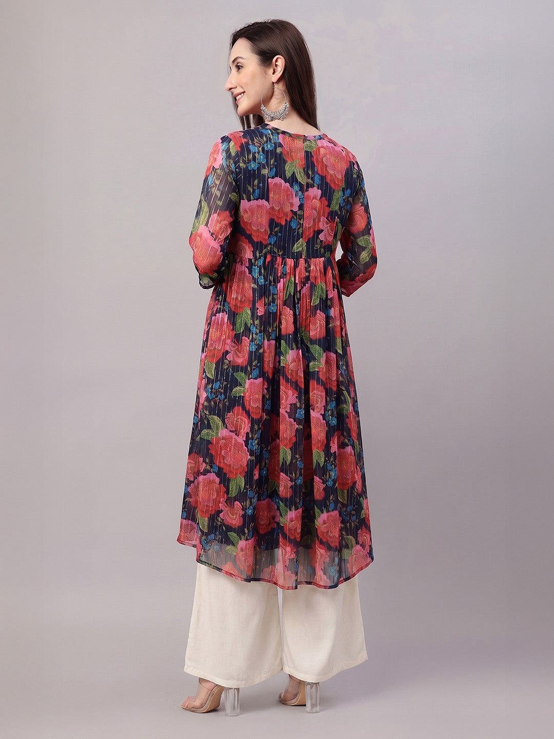 Janasya Women's Multicolor Lurex Chiffon Floral Printed Gathered Kurta