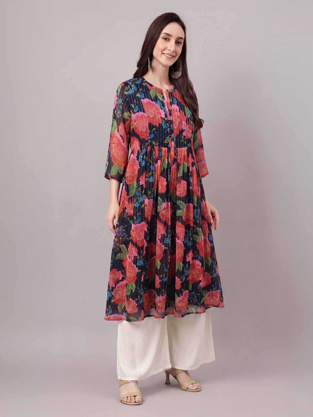 Janasya Women's Multicolor Lurex Chiffon Floral Printed Gathered Kurta