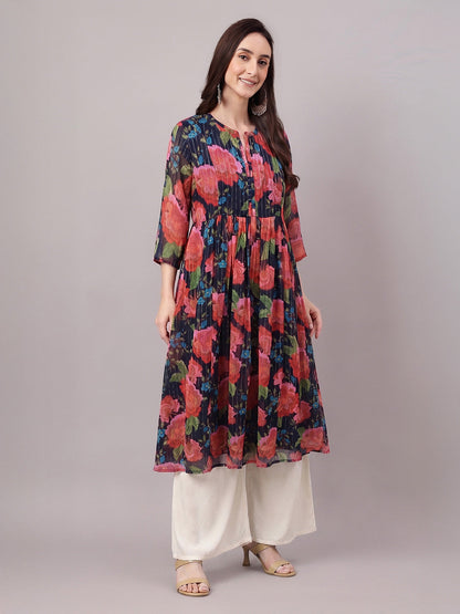 Janasya Women's Multicolor Lurex Chiffon Floral Printed Gathered Kurta