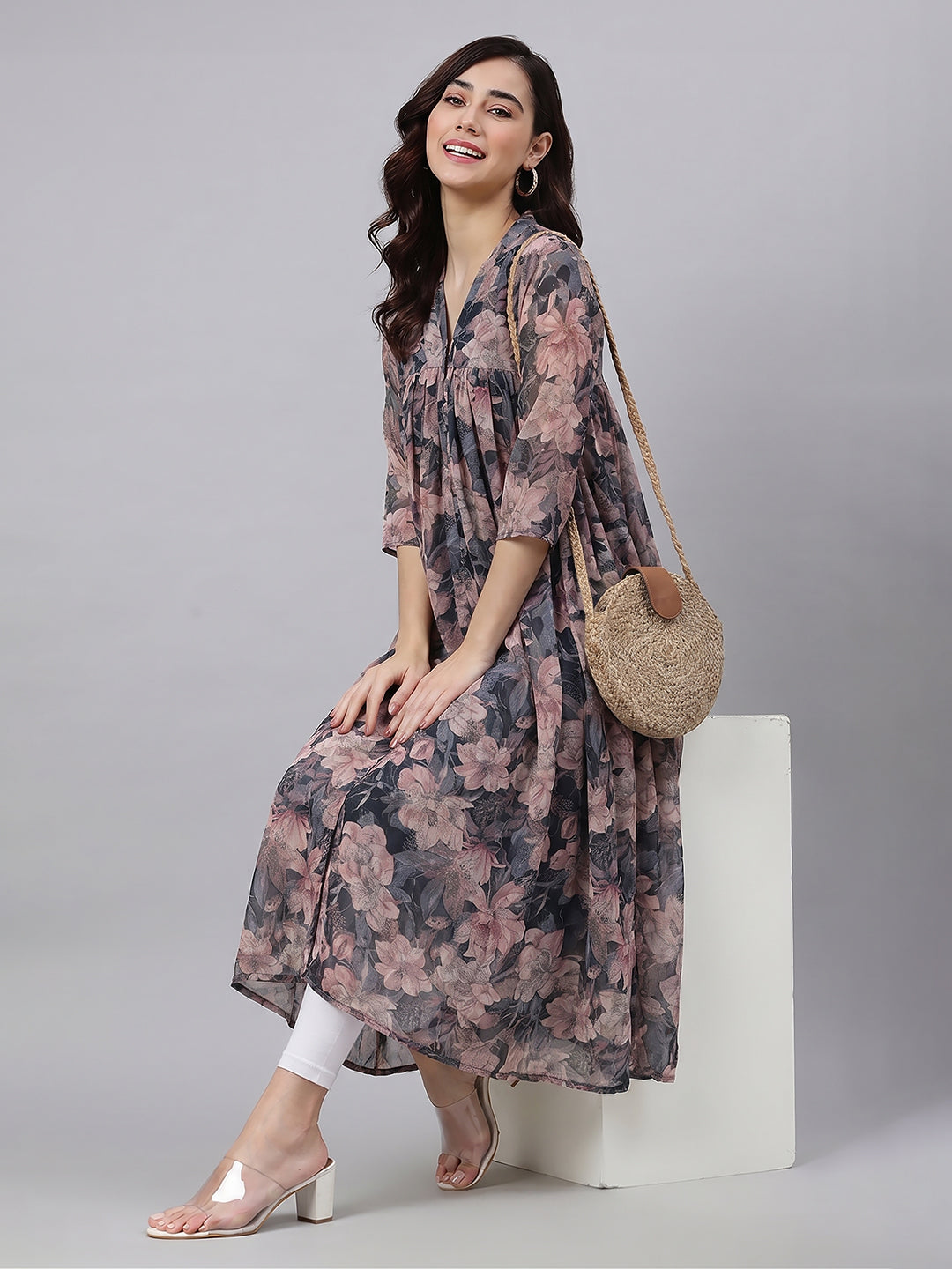 Janasya Women's Multi Color Georgette Floral Printed A-Line Kurta