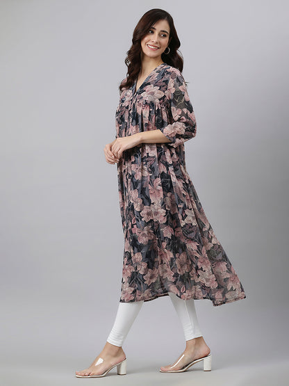 Janasya Women's Multi Color Georgette Floral Printed A-Line Kurta