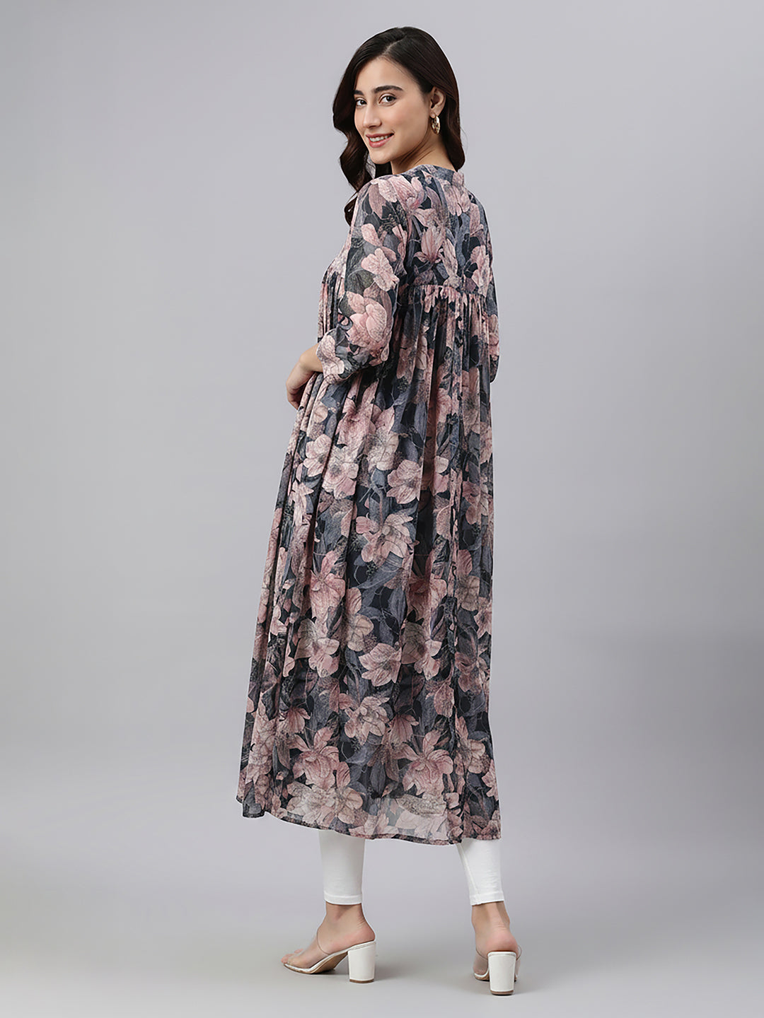 Janasya Women's Multi Color Georgette Floral Printed A-Line Kurta