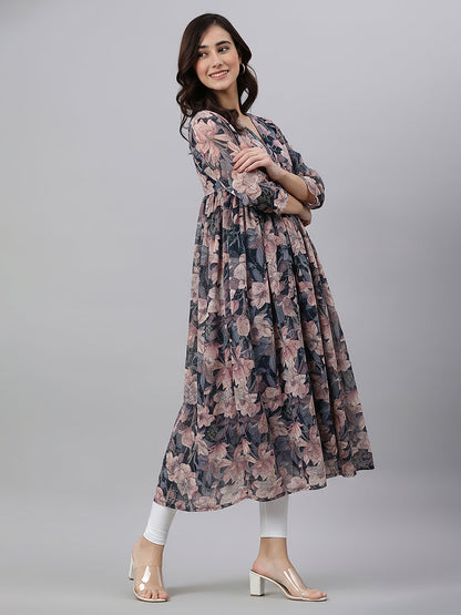 Janasya Women's Multi Color Georgette Floral Printed A-Line Kurta