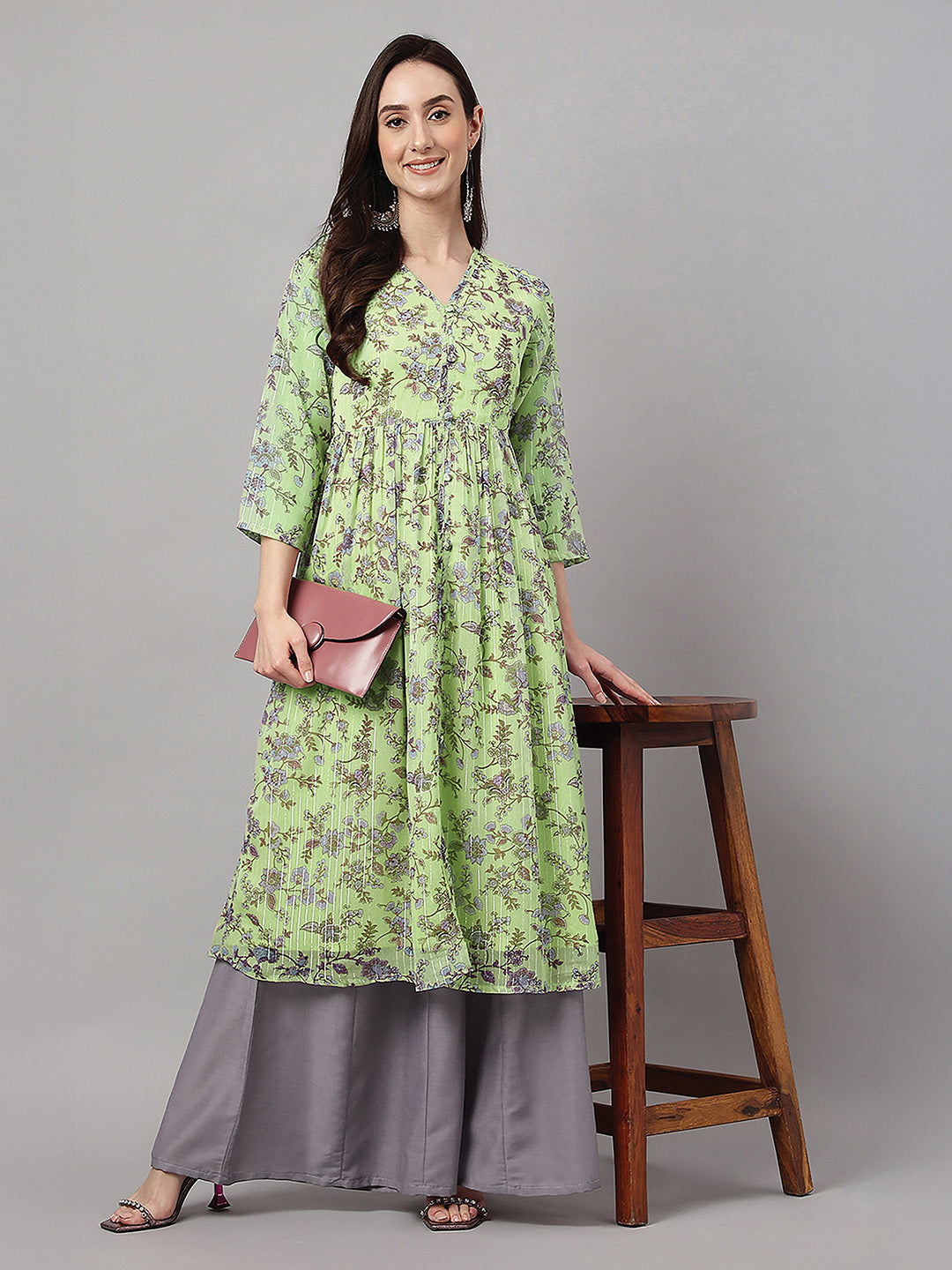 Janasya Women's Lime Green Lurex Chiffon Floral Printed A-Line Kurta