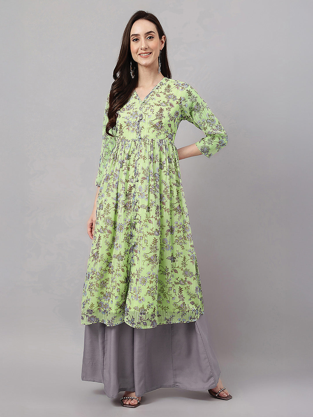 Janasya Women's Lime Green Lurex Chiffon Floral Printed A-Line Kurta