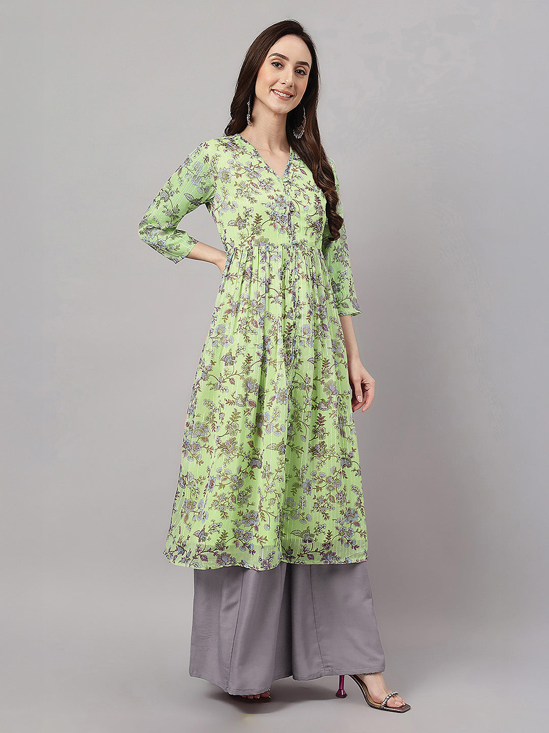 Janasya Women's Lime Green Lurex Chiffon Floral Printed A-Line Kurta