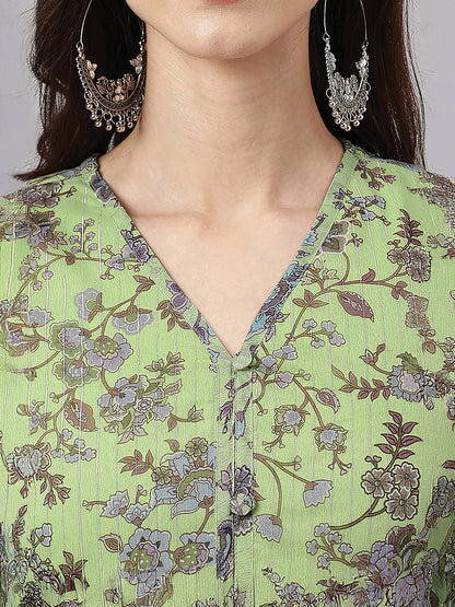 Janasya Women's Lime Green Lurex Chiffon Floral Printed A-Line Kurta