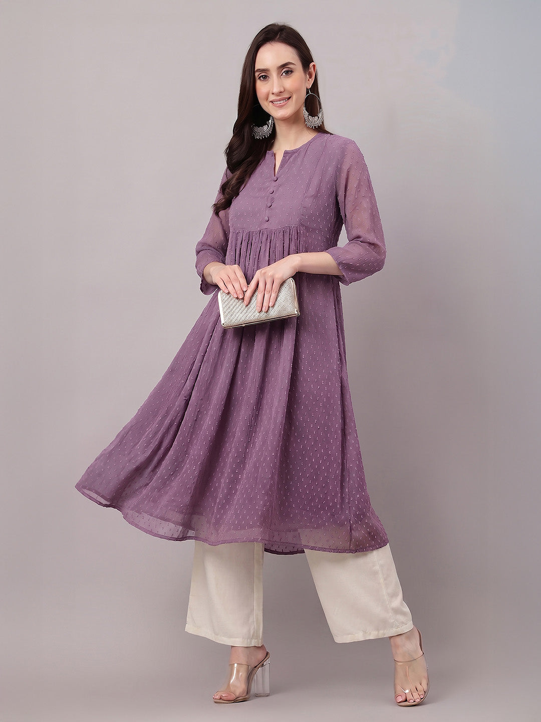 Janasya Women's Lavender Dobby Chiffon Self Design A-Line Kurta