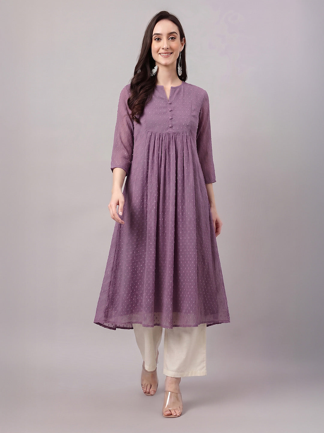 Janasya Women's Lavender Dobby Chiffon Self Design A-Line Kurta