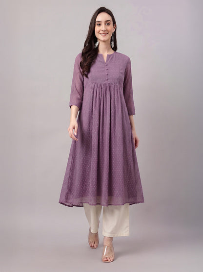 Janasya Women's Lavender Dobby Chiffon Self Design A-Line Kurta