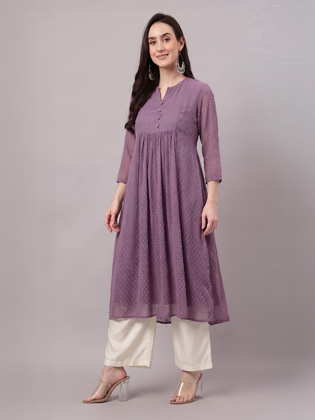 Janasya Women's Lavender Dobby Chiffon Self Design A-Line Kurta