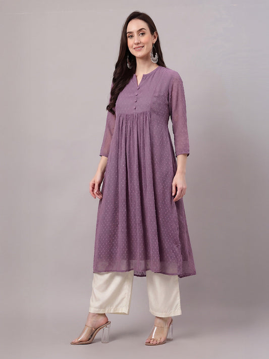 Janasya Women's Lavender Dobby Chiffon Self Design A-Line Kurta