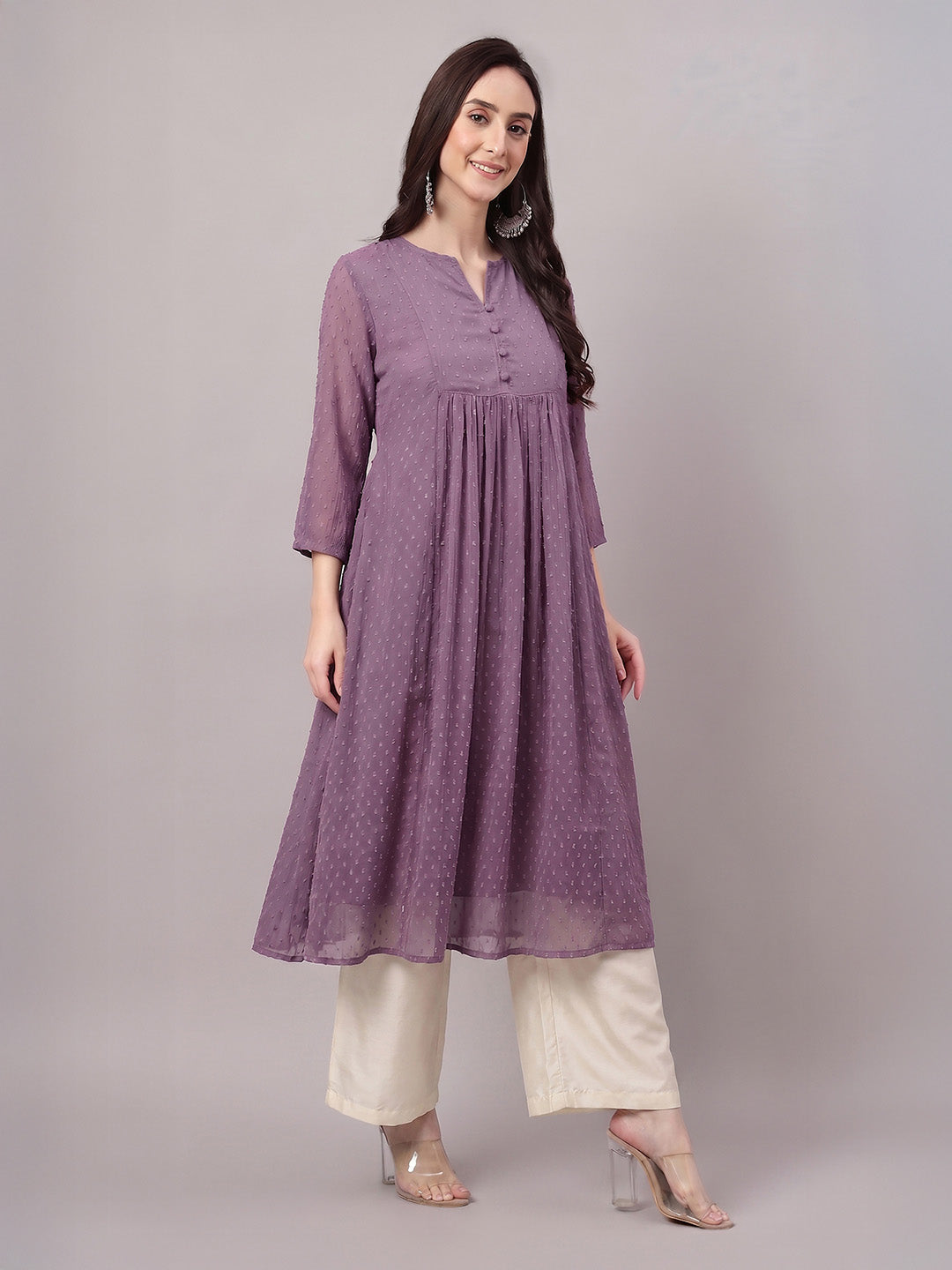 Janasya Women's Lavender Dobby Chiffon Self Design A-Line Kurta
