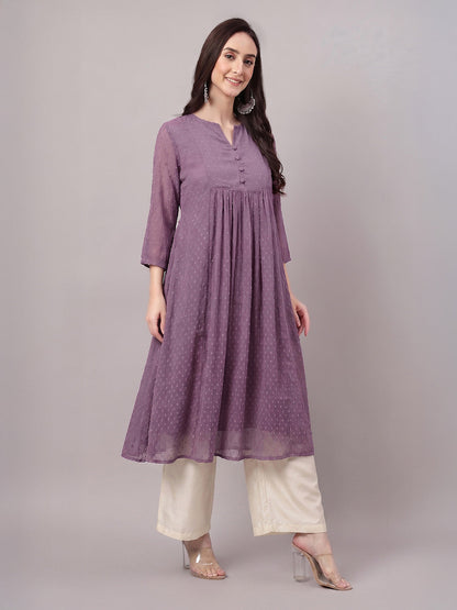 Janasya Women's Lavender Dobby Chiffon Self Design A-Line Kurta