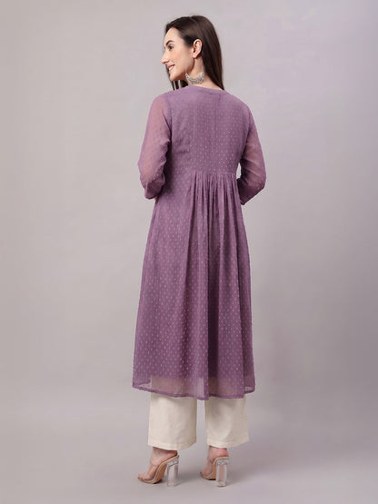 Janasya Women's Lavender Dobby Chiffon Self Design A-Line Kurta