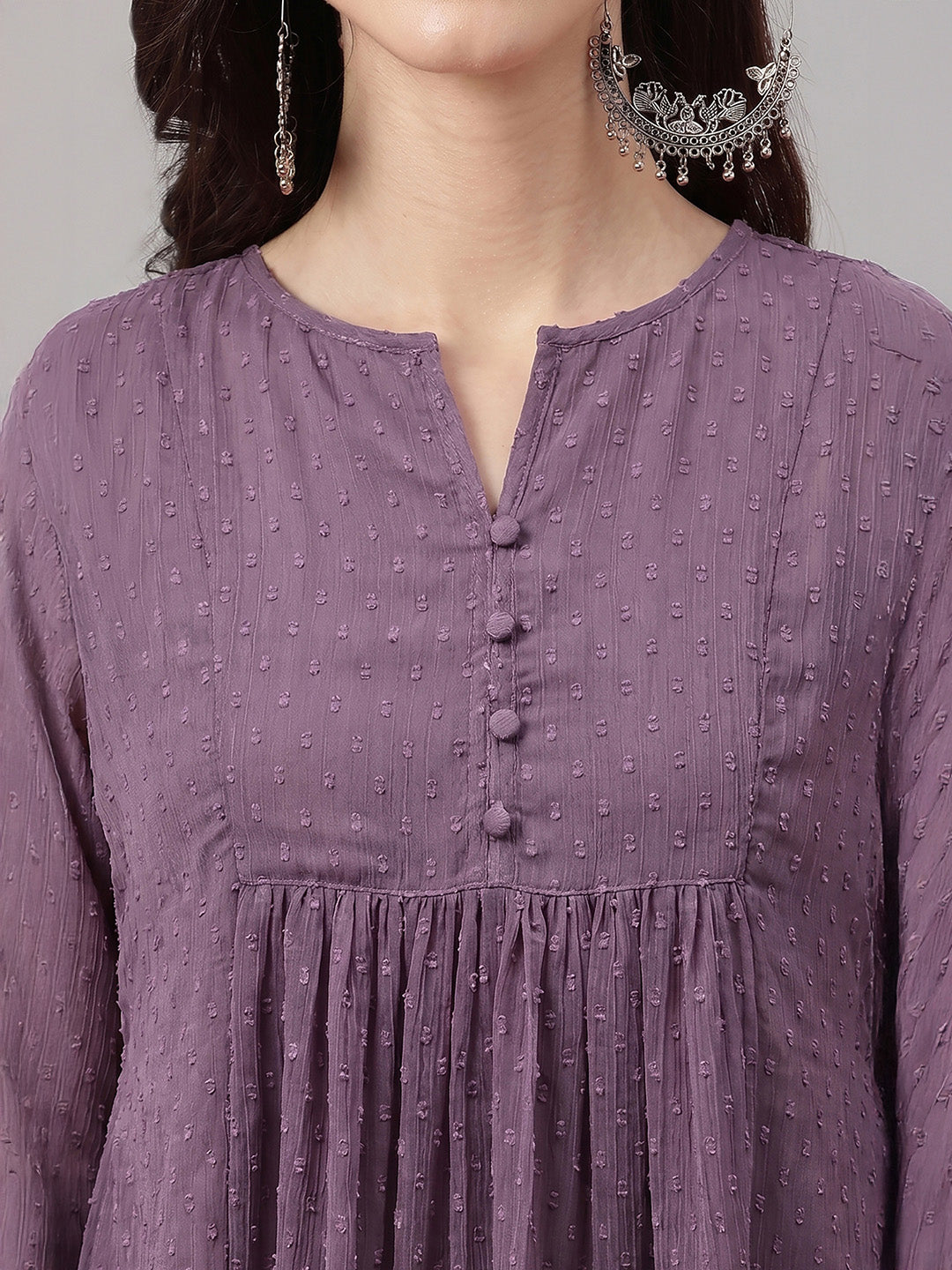Janasya Women's Lavender Dobby Chiffon Self Design A-Line Kurta