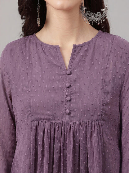 Janasya Women's Lavender Dobby Chiffon Self Design A-Line Kurta
