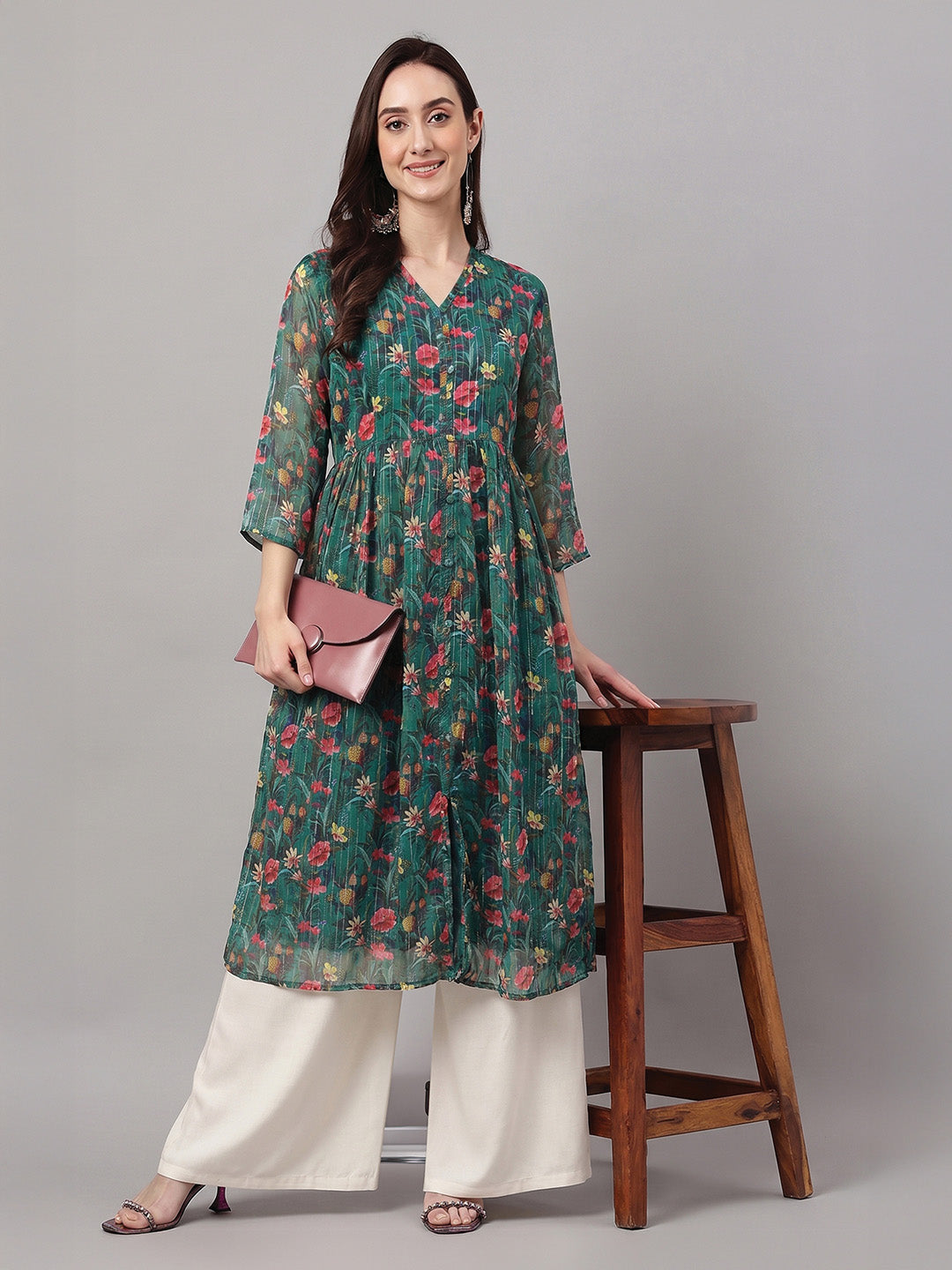 Janasya Women's Bottle Green Lurex Chiffon Floral Printed A-Line Kurta