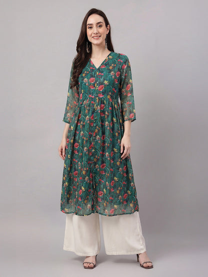 Janasya Women's Bottle Green Lurex Chiffon Floral Printed A-Line Kurta